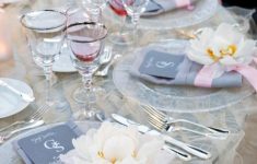 Pink And Grey Wedding Decorations 30 Light Grey Tablescape With A Ruffled Tablecloth And Pink Glasses And Ribbon pink and grey wedding decorations|guidedecor.com